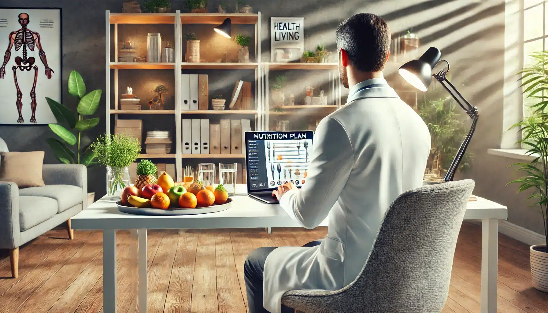 DALL·E 2024 07 23 15.48.27 A hyperrealistic image of a professional nutritionists body from the neck down in a modern clean office. The nutritionist is wearing a white coat an